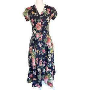 Navy Floral Midi Dress XS/S Button Front Short Sleeve Handmade Cottagecore